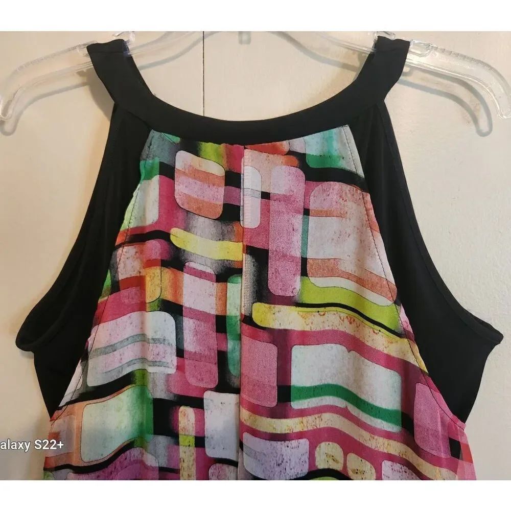 F9 Soft Works bright multicolored sheer lined tank blouse black contrast trim - Picture 4 of 11